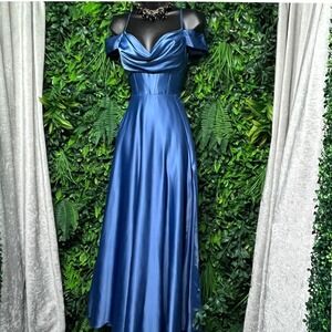 Windsor Dress  Size 4 Blue Satin Corset Maxi Cold Shoulder Formal Gown 3834